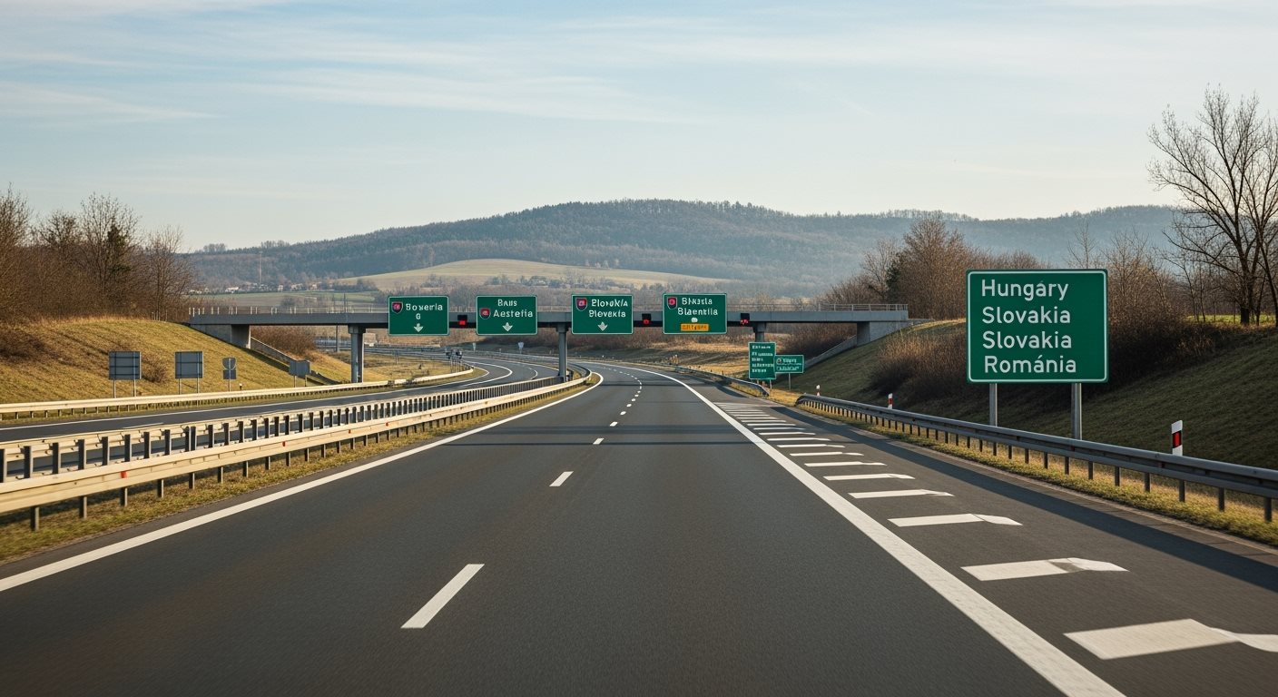 Foreign vehicles on European highway traveling to Hungary