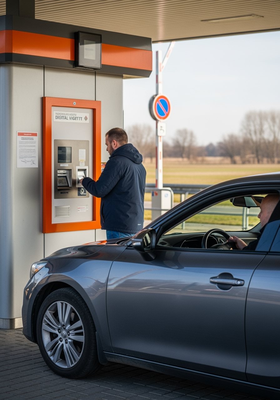 Driver purchasing Hungary vignette at border crossing