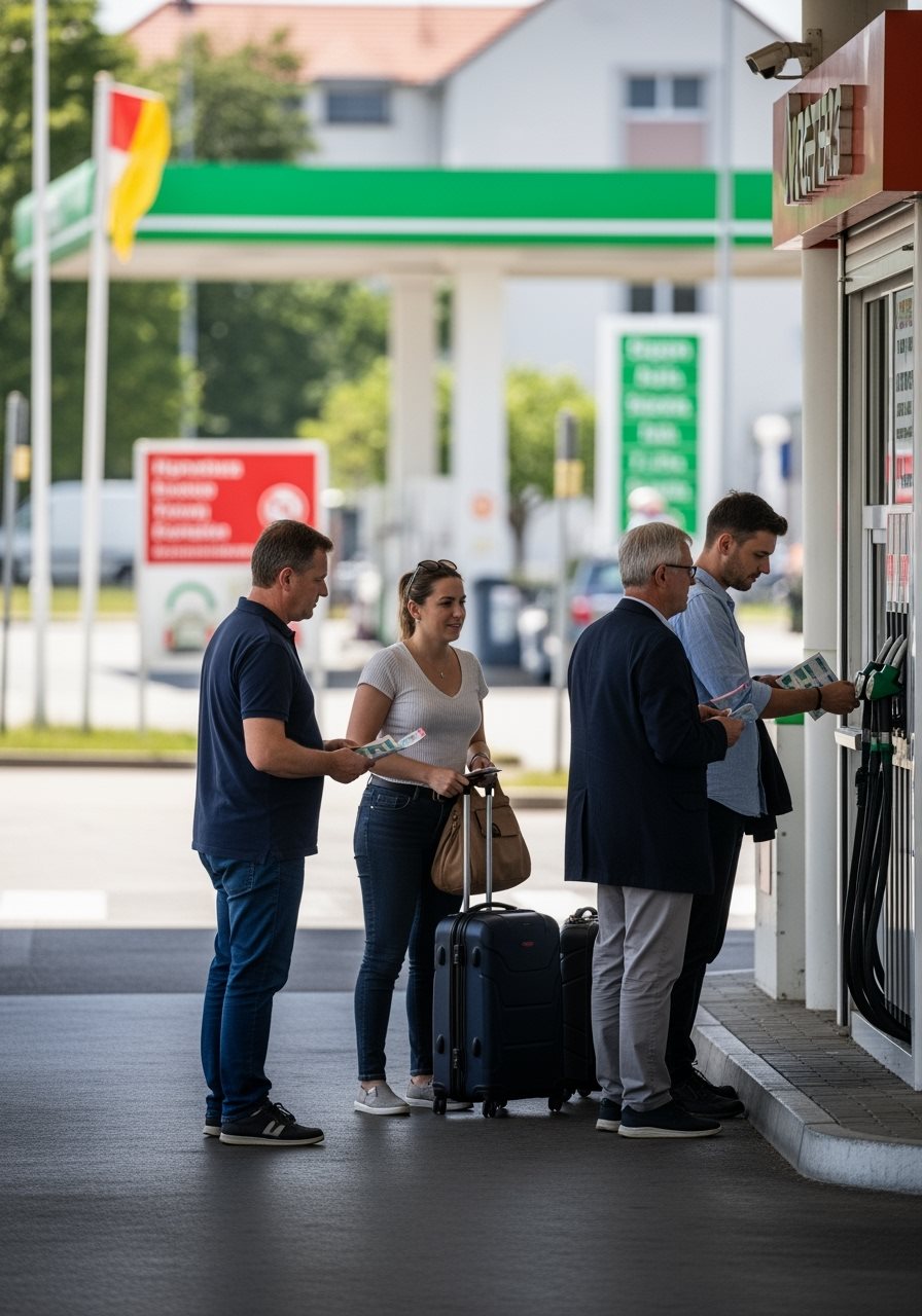 Car driver purchasing digital vignette at kiosk near Hungary border