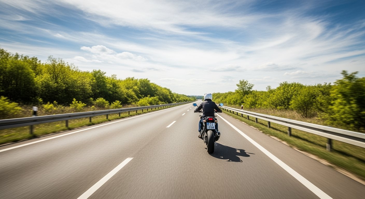 Motorcyclist using smartphone to purchase vignette