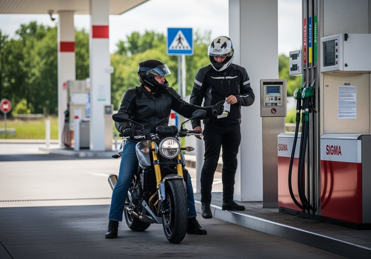 Motorcyclist purchasing digital vignette in Hungary